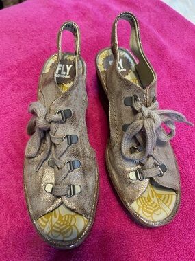 Fly London Metallic Taupe Lace-Up Slingback Sandals